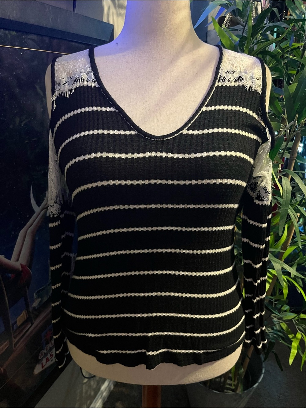 Venus Black and White Cold Shoulder Striped Women’s Sweater